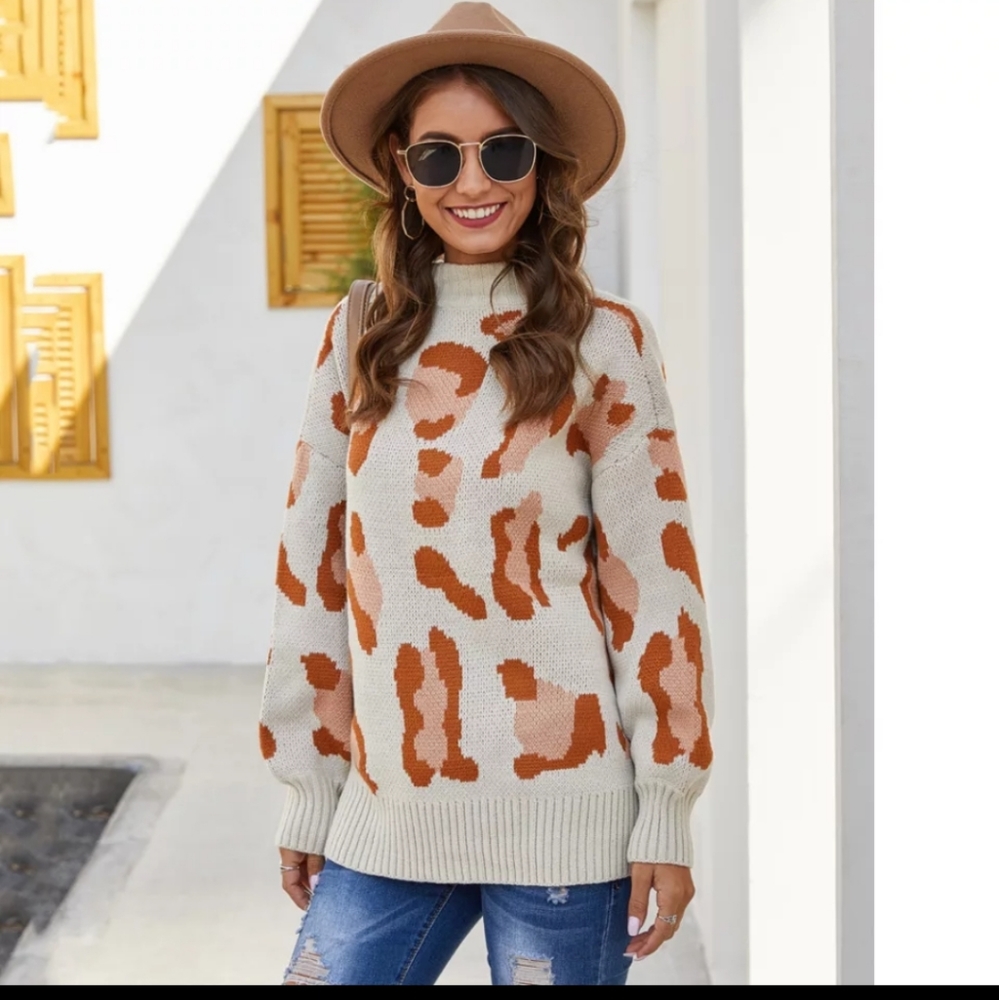 LAST S M only! Leopard Print Sweater Women Long Sleeve Knit Top - Picture 2 of 6